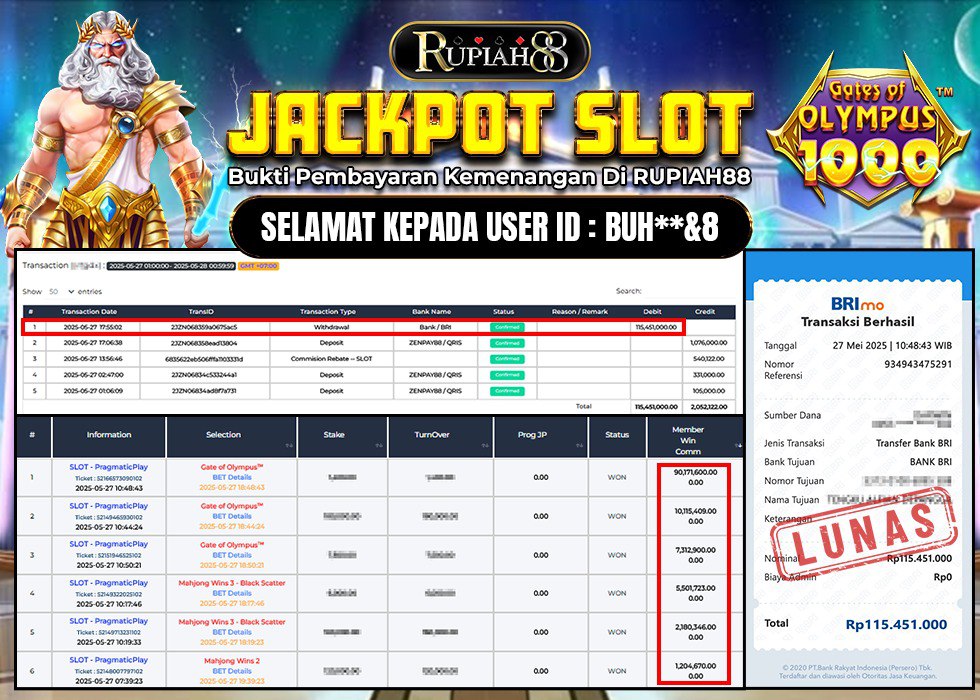 RUPIAH88 JACKPOT SLOT GATES OF OLYMPUS 1000 Rp.115.451.000,- LUNAS