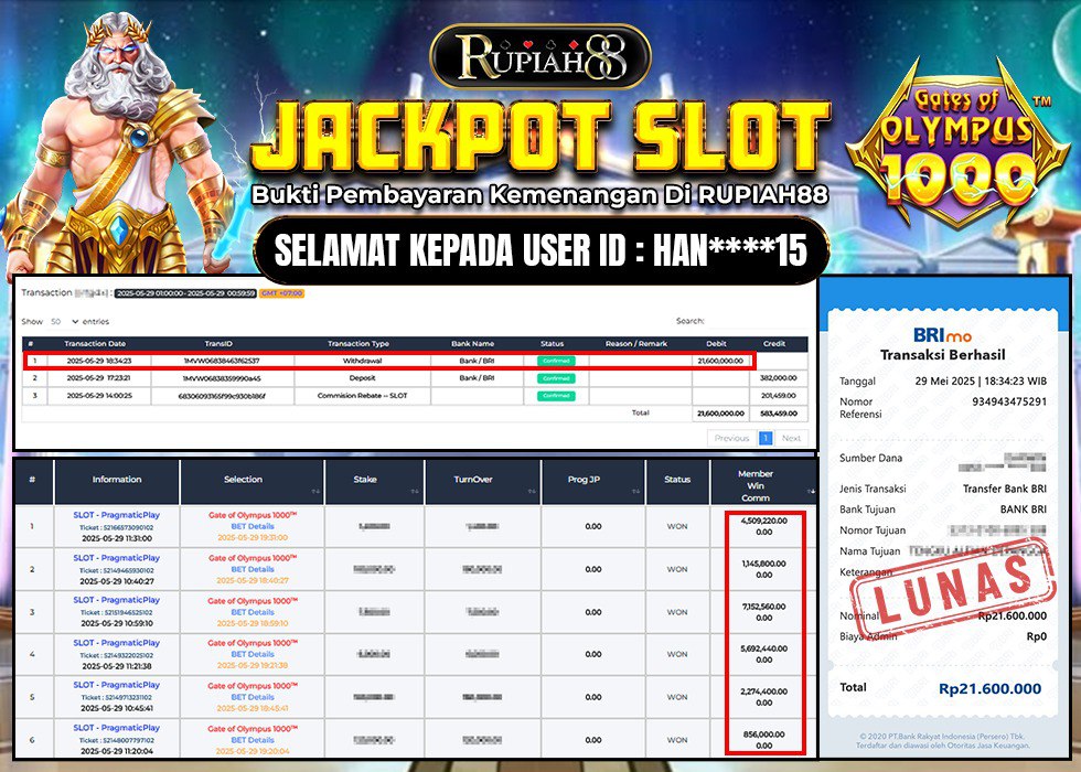 RUPIAH88 JACKPOT SLOT GATES OF OLYMPUS 1000 Rp.21.600.000,- LUNAS