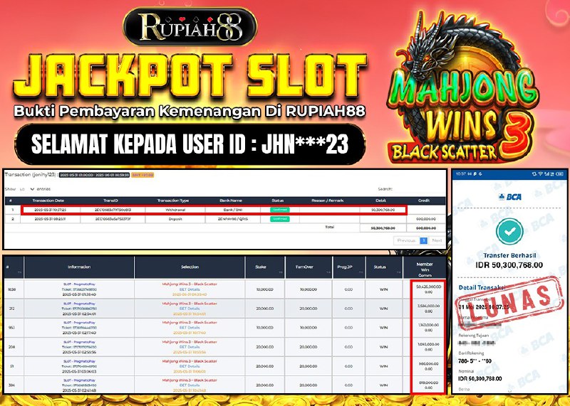 RUPIAH88 JACKPOT SLOT MAHJONG WINS 3 BLACK SCATTER Rp.50.300.768,- LUNAS