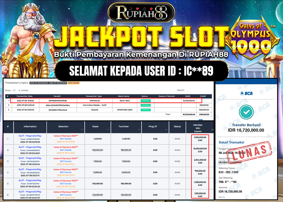 RUPIAH88 JACKPOT SLOT GATES OF OLYMPUS 1000 Rp.16.720.000,- LUNAS