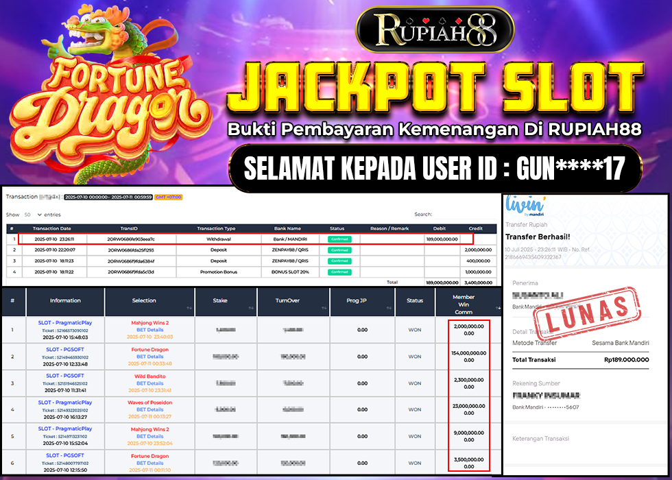 RUPIAH88 JACKPOT SLOT FORTUNE DRAGON Rp.189.000.000,- LUNAS