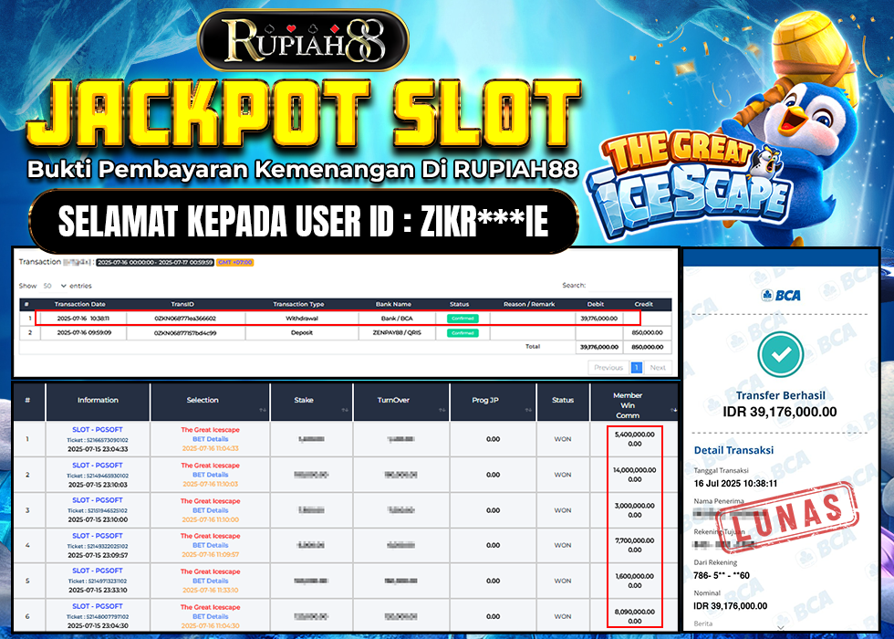 RUPIAH88 JACKPOT SLOT THE GREAT ICE SCAPE Rp.39.176.000,- LUNAS