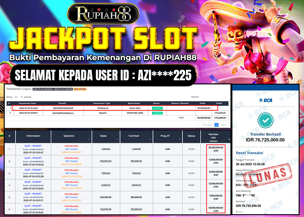 RUPIAH88 JACKPOT SLOT BANDITO Rp.76.725.000,- LUNAS