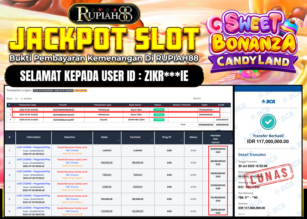 RUPIAH88 JACKPOT SLOT SWEET BONANZA CANDYLAND Rp.117.000.000,- LUNAS