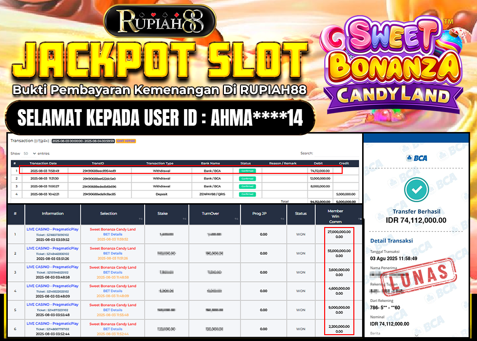 RUPIAH88 JACKPOT SLOT SWEET BONANZA CANDYLAND Rp.74.112.000,- LUNAS