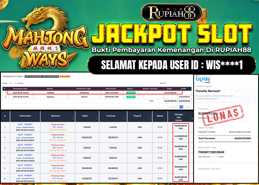 RUPIAH88 JACKPOT SLOT MAHJONG WAYS Rp.204.127.800,- LUNAS
