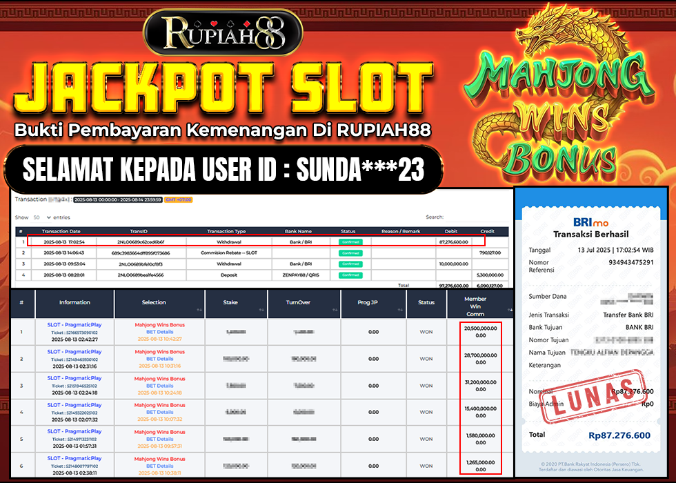 RUPIAH88 JACKPOT SLOT MAHJONG WINS BONUS Rp.87.276.600,- LUNAS