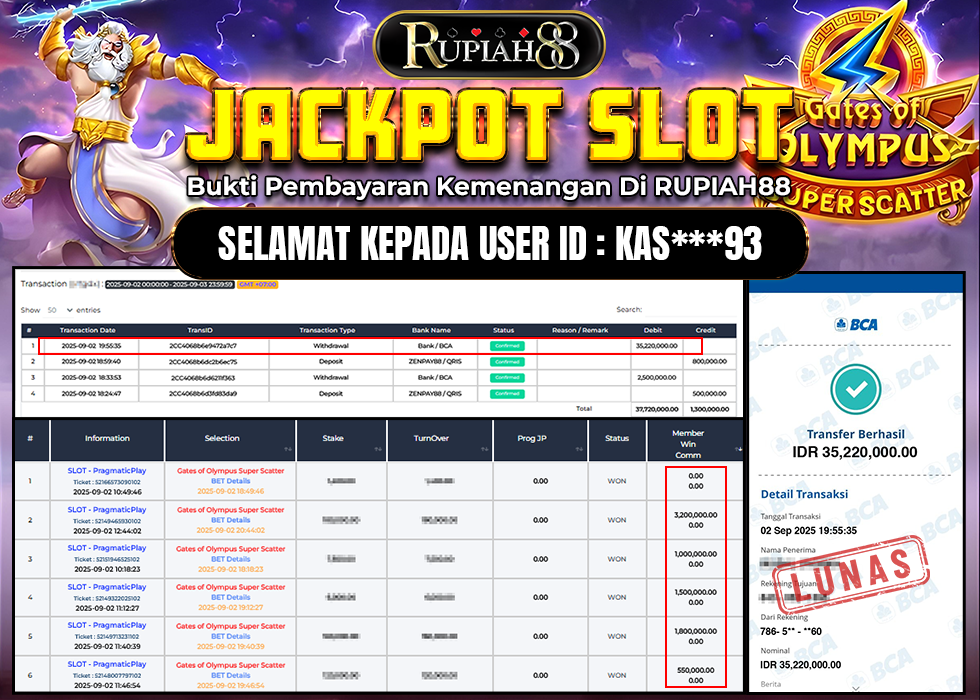 RUPIAH88 JACKPOT SLOT GATES OF OLYMPUS SUPER SCATTER Rp.35.220.000,- LUNAS