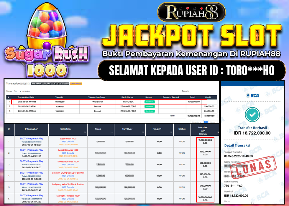 RUPIAH88 JACKPOT SLOT SUGAR RUSH 1000 Rp.18.722.000,- LUNAS