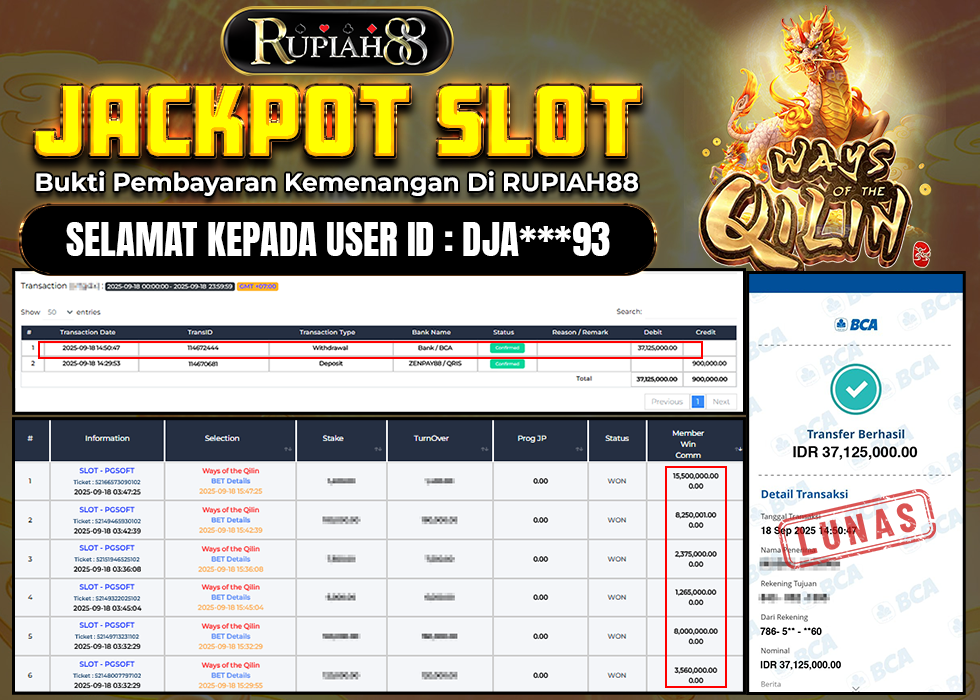 RUPIAH88 JACKPOT SLOT WAYS OF THE QILIN Rp.37.125.000,- LUNAS