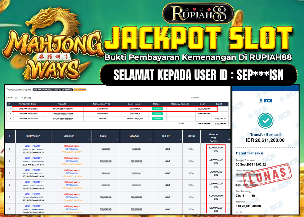 RUPIAH88 JACKPOT SLOT MAHJONG WAYS Rp.20.611.200,- LUNAS