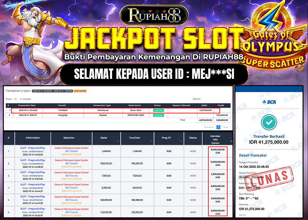 RUPIAH88 JACKPOT SLOT GATES OF OLYMPUS SUPER SCATTER Rp.41.275.000,- LUNAS