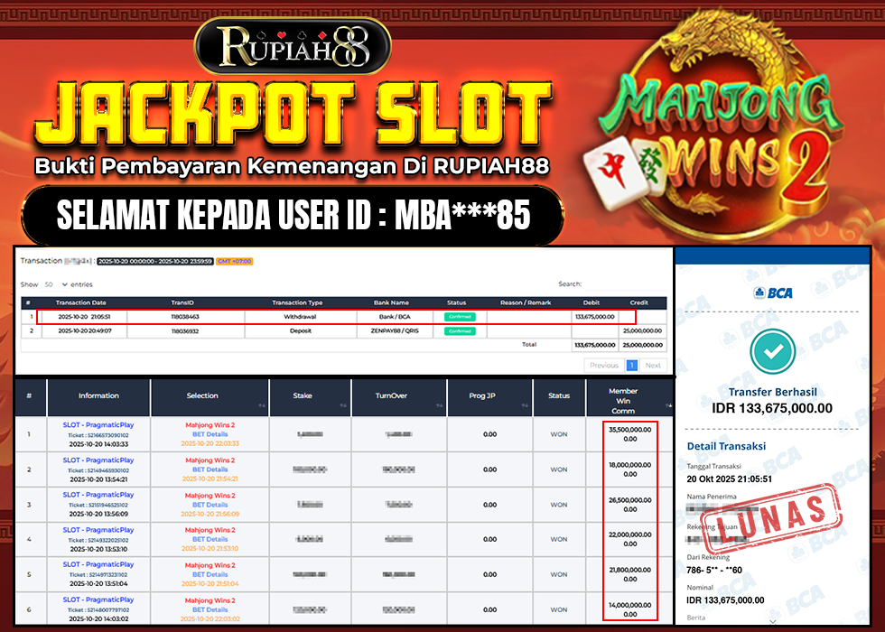 RUPIAH88 JACKPOT SLOT MAHJONG WINS 2 Rp.133.675.600,- LUNAS