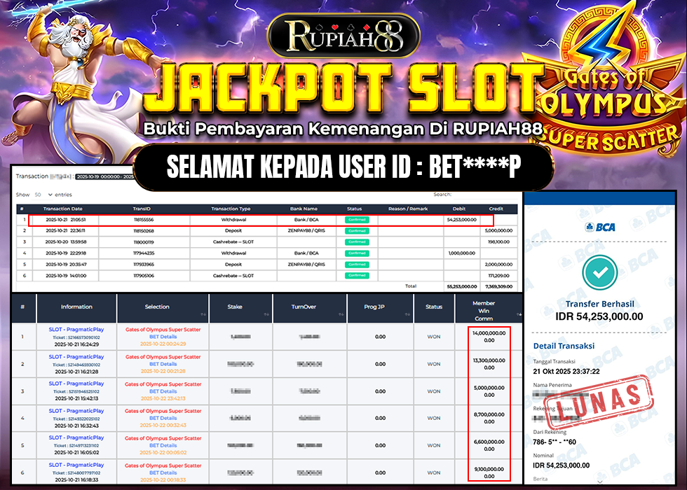 RUPIAH88 JACKPOT SLOT GATES OF OLYMPUS SUPER SCATTER Rp.54.253.000,- LUNAS