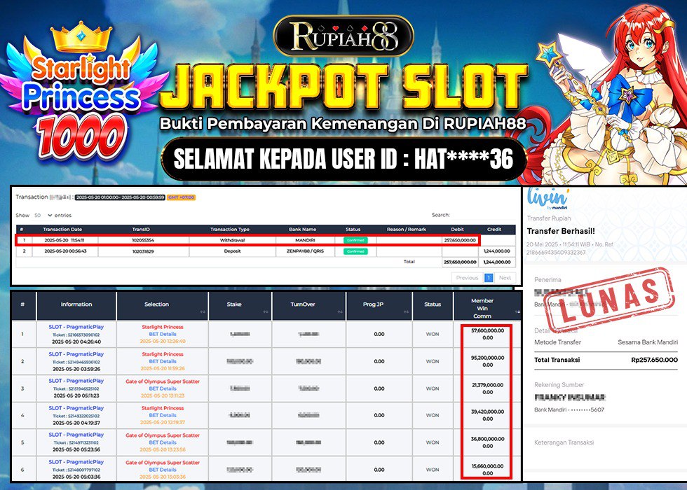 RUPIAH88 JACKPOT SLOT STARLIGHT PRINCESS Rp.257.650.000,- LUNAS