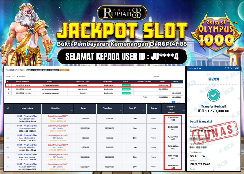 RUPIAH88 JACKPOT SLOT GATES OF OLYMPUS 1000 Rp.21.570.000,- LUNAS