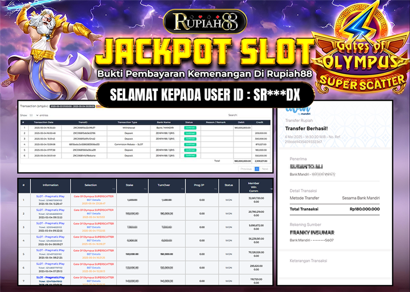 RUPIAH88 JACKPOT SLOT GATES OF OLYMPUS SUPER SCATTER Rp.180.000.000,- LUNAS