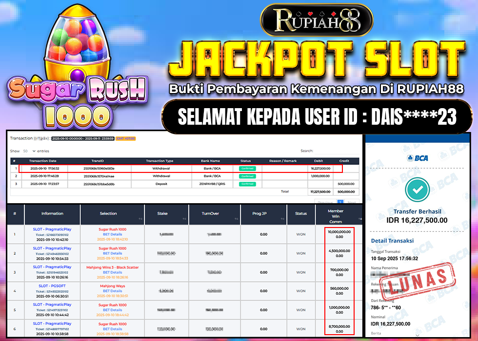 RUPIAH88 JACKPOT SLOT SUGAR RUSH 1000 Rp.16.227.500,- LUNAS
