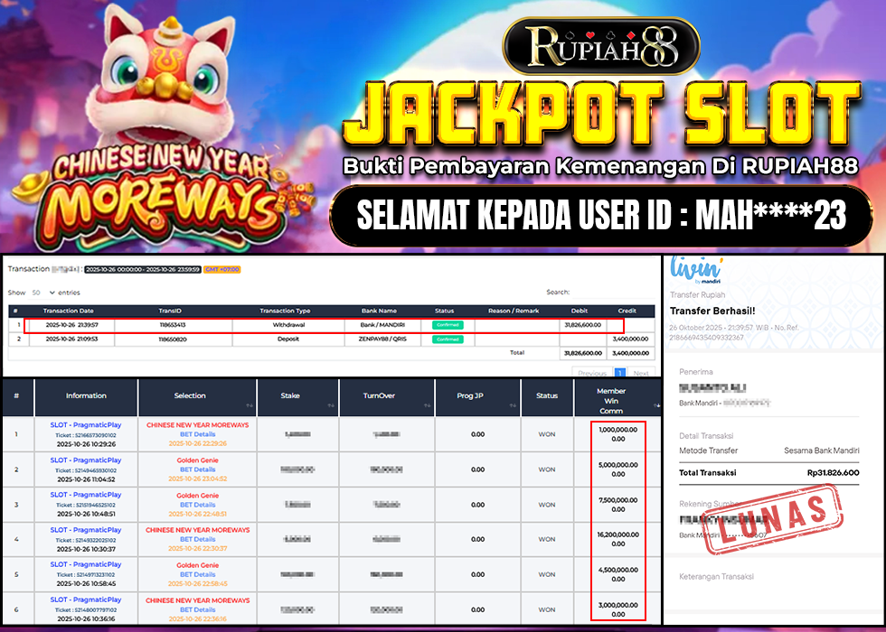 RUPIAH88 JACKPOT SLOT CHINESE NEW YEAR MOREWAYS Rp.31.821.600,- LUNAS