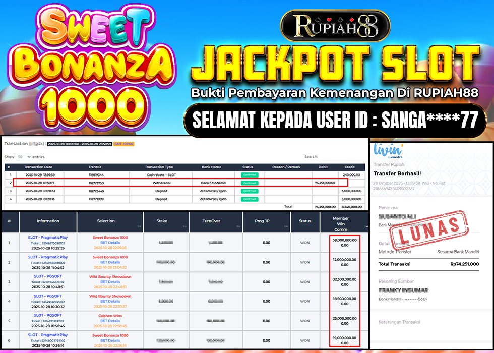 RUPIAH88 JACKPOT SLOT SWEET BONANZA 1000 Rp.74.251.000,- LUNAS